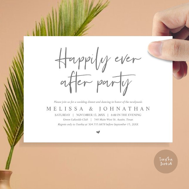 Convite Janto de Elopemento de Casamento, Feliz Nunca Depo (Wedding Elopement Dinner, Happily Ever after Party Invitation Card, PDF, in Dark Grey)