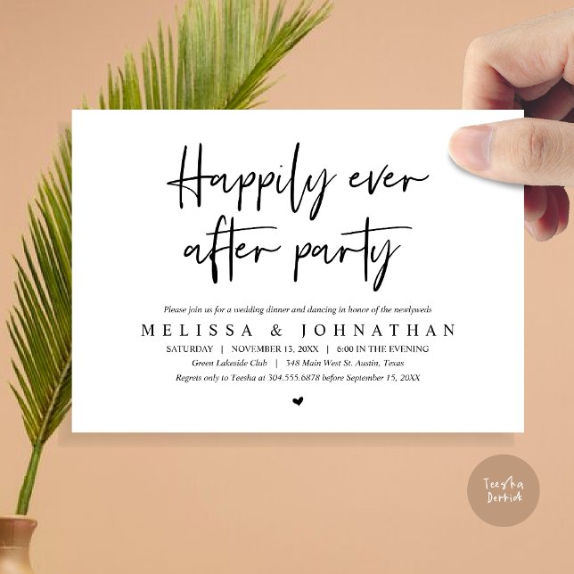 Convite Janto de Elopemento de Casamento, Feliz Nunca Depo (Wedding Elopement Dinner, Happily Ever after Party Invitation Card, PDF, in Black and White)