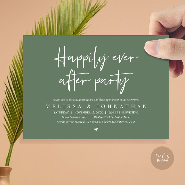 Convite Janto de Elopemento de Casamento, Feliz Nunca Depo (Wedding Elopement Dinner, Happily Ever after Party Invitation Card, PDF, in Sage Green)