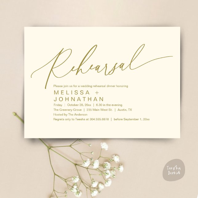 Convite Janto de ensaio, A Noite Antes Da Festa de casamen (Romantic Rehearsal Dinner The Night Before Wedding Dinner Party Invitation Card PDF Yellow Gold)