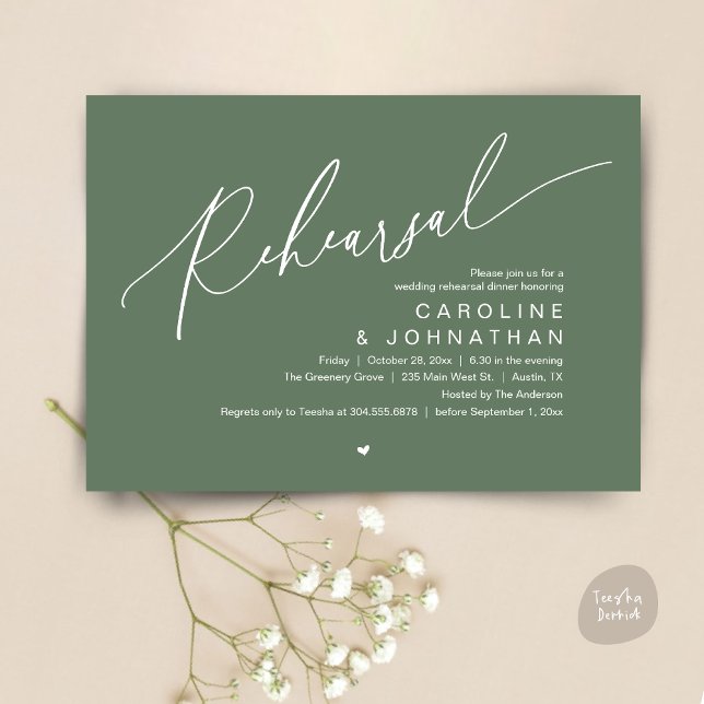 Convite Janto de ensaio, A Noite Antes Da Festa de casamen (Romantic Rehearsal Dinner The Night Before Wedding Dinner Party Invitation Card PDF Sage Green)