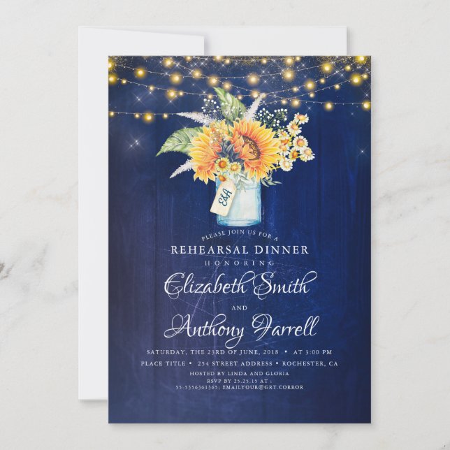 Convite Janto de ensaio azul de Marinhos girassóis russos (Frente)