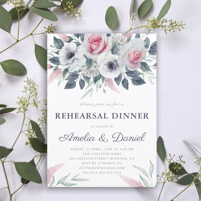 Convite Janto de ensaio azul de Rosas de aquarela romântic (Criador carregado)