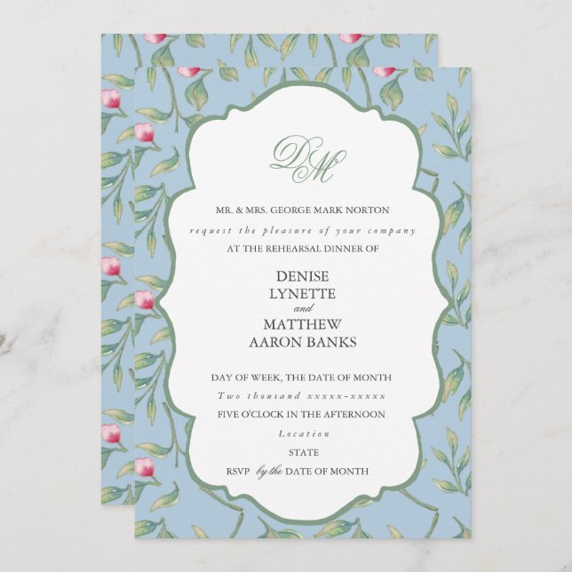 Convite Janto de ensaio azul e verde de Basil (Frente/Verso)