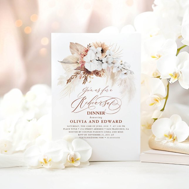 Convite Janto de ensaio Boho Botânico Floral Terracotta (White Orchids Terracotta Boho Rehearsal Dinner Invitations)