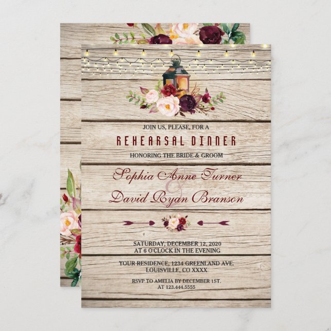 Convite Janto de ensaio Burgundy Marsala Floral Lanterna (Frente/Verso)