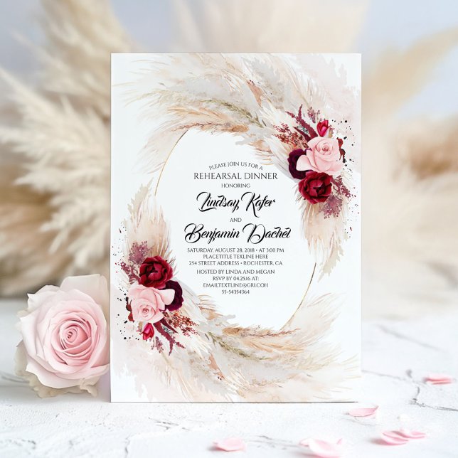 Convite Janto de Ensaio Burgundy Red Floral Pampas Grass (Rehearsal Dinner Invitation)