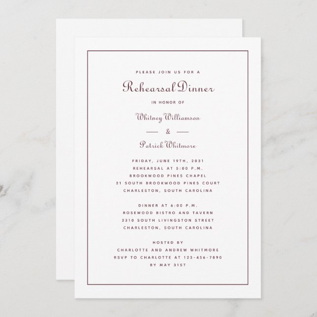 Convite Janto de ensaio Casamento Elegante Burgundy Script (Frente/Verso)