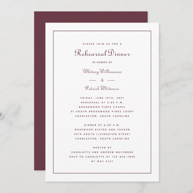 Convite Janto de ensaio Casamento Elegante Script Burgundy (Frente/Verso)