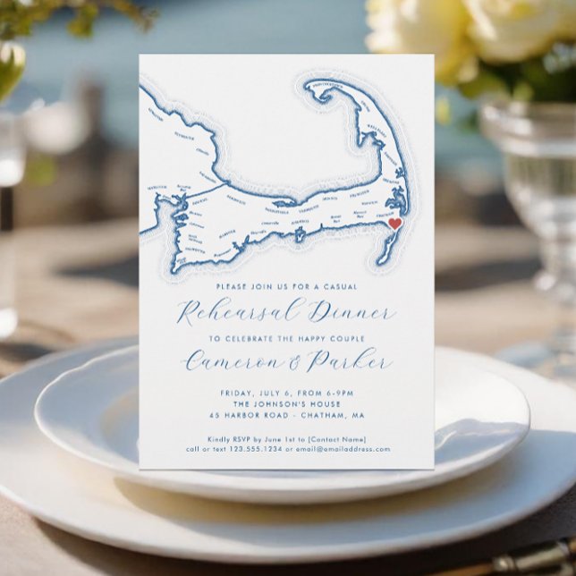 Convite Janto de Ensaio Casual de Casamento Chatham MÃE (Chatham MA Casual Cape Cod Wedding Rehearsal Dinner Invitation in Navy Blue from Coastal Map Designs)