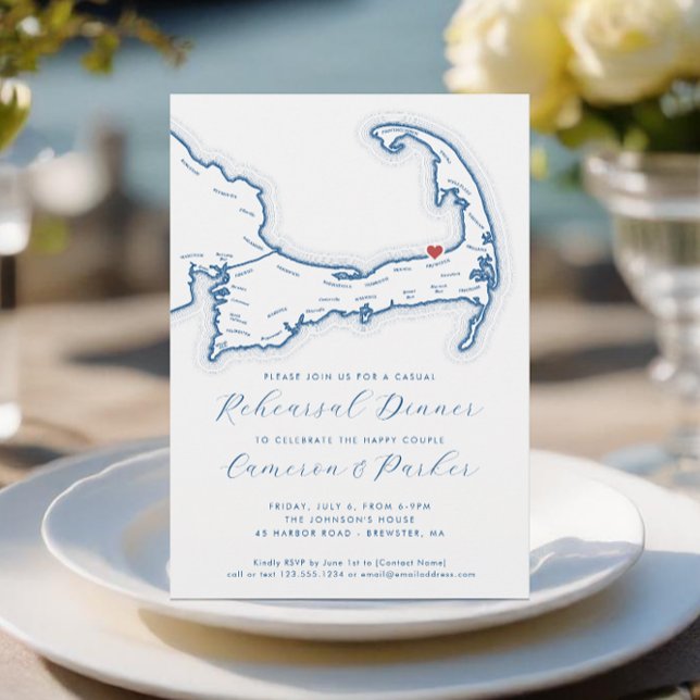 Convite Janto de Ensaio Casual de Casamento das MÃES Brews (Brewster MA Casual Cape Cod Wedding Rehearsal Dinner Invitation in Navy Blue from Coastal Map Design)