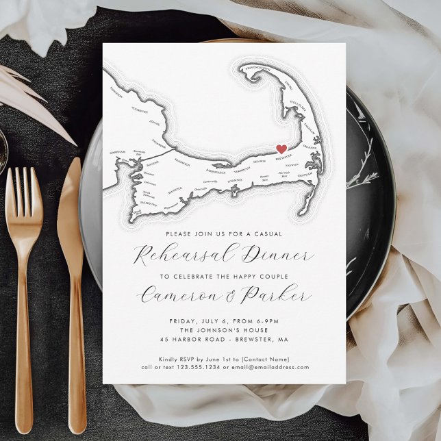 Convite Janto de Ensaio Casual de Casamento das MÃES Brews (Brewster MA Casual Wedding Rehearsal Dinner Invitation in Black and White from Coastal Map Designs)