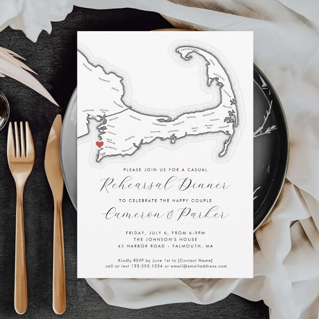 Convite Janto de Ensaio Casual de Casamento das MÃES Falmo (Falmouth MA Casual Wedding Rehearsal Dinner Invitation in Black and White from Coastal Map Designs)
