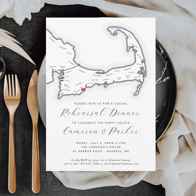 Convite Janto de Ensaio Casual de Casamento de MÃES Mashpe (Mashpee MA Casual Wedding Rehearsal Dinner Invitation in Black and White from Coastal Map Designs)