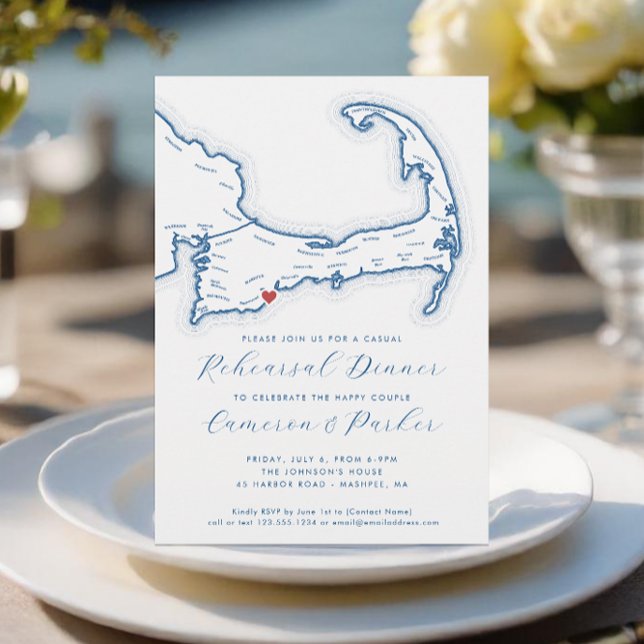 Convite Janto de Ensaio Casual de Casamento de MÃES Mashpe (Mashpee MA Casual Cape Cod Wedding Rehearsal Dinner Invitation in Navy Blue from Coastal Map Designs)