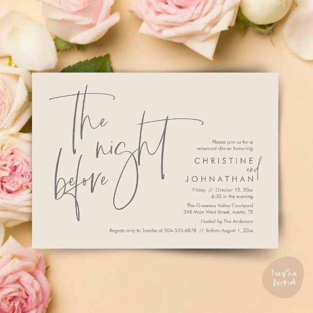 Convite Janto de ensaio casual de casamentos, na noite ant (The night before, Casual Modern Wedding Rehearsal Dinner Invitation Card PDF Cream Grey)