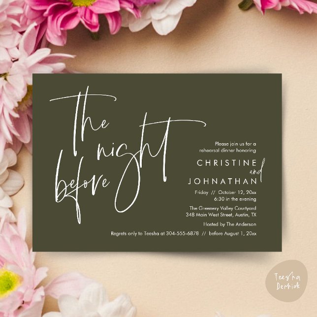 Convite Janto de ensaio casual de casamentos, na noite ant (The night before, Casual Modern Wedding Rehearsal Dinner Invitation Card PDF Olive Green)