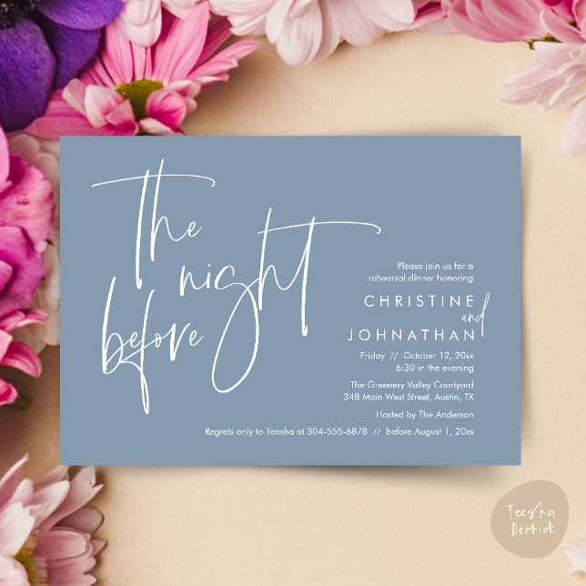Convite Janto de ensaio casual de casamentos, na noite ant (The night before, Casual Modern Wedding Rehearsal Dinner Invitation Card PDF Dusty Blue)