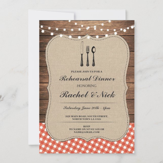 Convite Janto de ensaio Cutlery Red Check Rustic Invite (Frente)