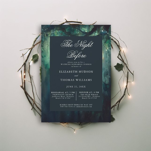 Convite Janto de Ensaio da Noite de Emerald Encantada na F (wedding rehearsal dinner invitation enchanted forest secret garden magic theme emerald night before)