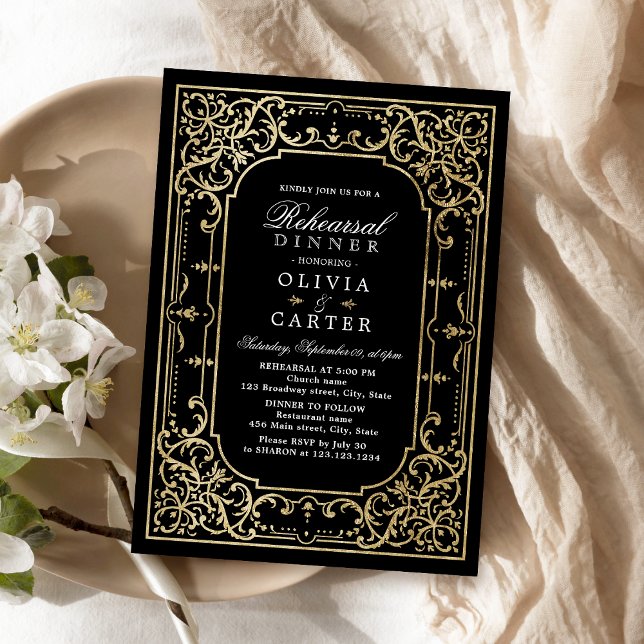 Convite Janto de ensaio da safra elegante em preto e ouro (Black & gold elegant vintage rehearsal dinner invitation)