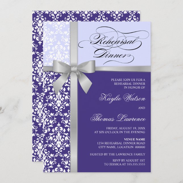 Convite Janto de ensaio Damask Faux Silver Ribbon Purple (Frente/Verso)