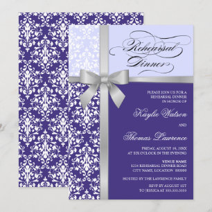Convite Janto de ensaio Damask Faux Silver Ribbon Purple
