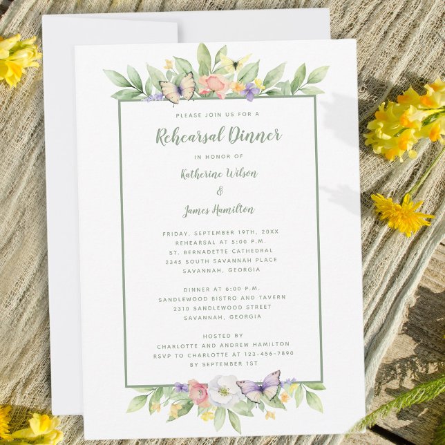 Convite Janto de ensaio das borboletas de aquarelas Florai (Watercolor Floral Butterflies Rehearsal Dinner Invitation)