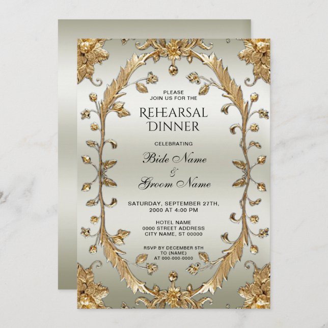 Convite Janto de ensaio das flores do Ornamentado do ouro (Frente/Verso)