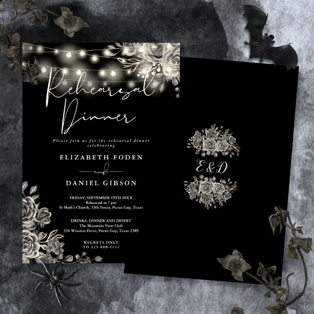 Convite Janto de ensaio das luzes laterais pretas góticas (Gothic Black Floral Lights Rehearsal Dinner Invitation)