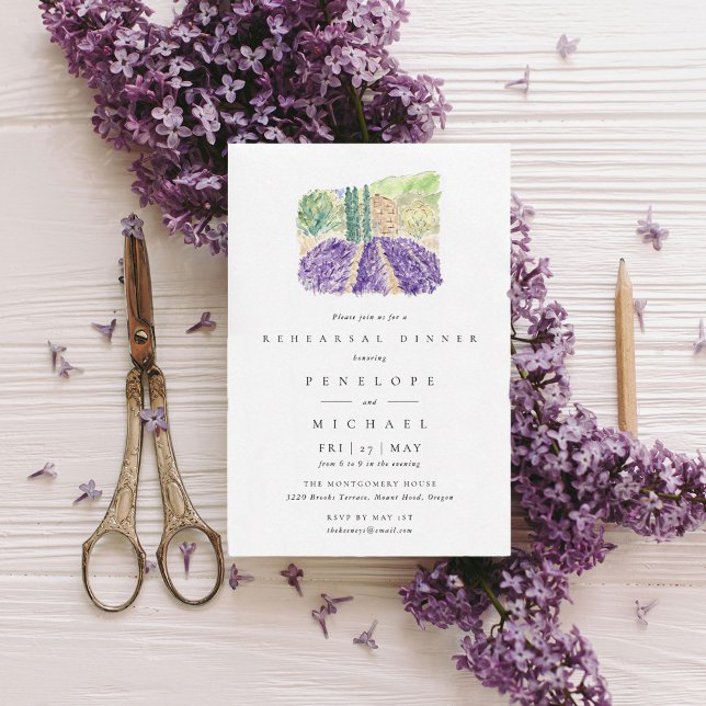 Convite Janto de Ensaio de Aquarela dos Campos de lavanda (Lavender Fields wedding rehearsal dinner invitation.)