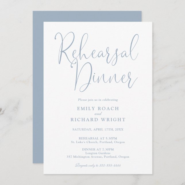 Convite Janto de Ensaio de Azul Dusty, Script Moderno Eleg (Frente/Verso)