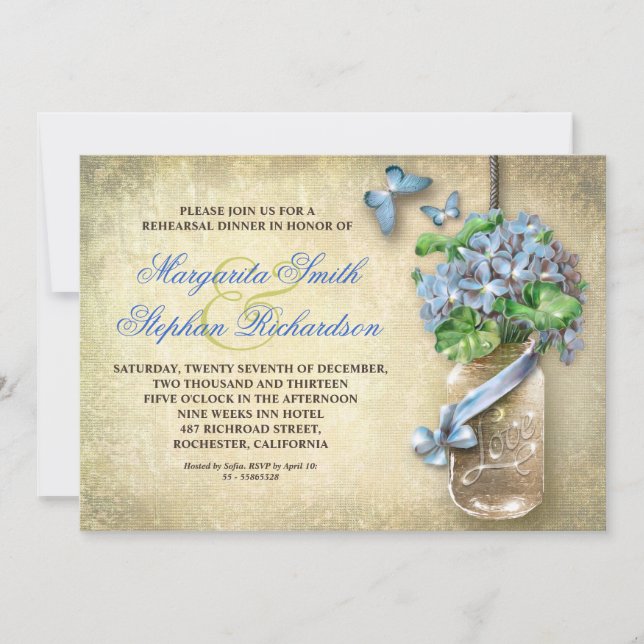 Convite janto de ensaio de burlap com jarra de mason jar c (Frente)