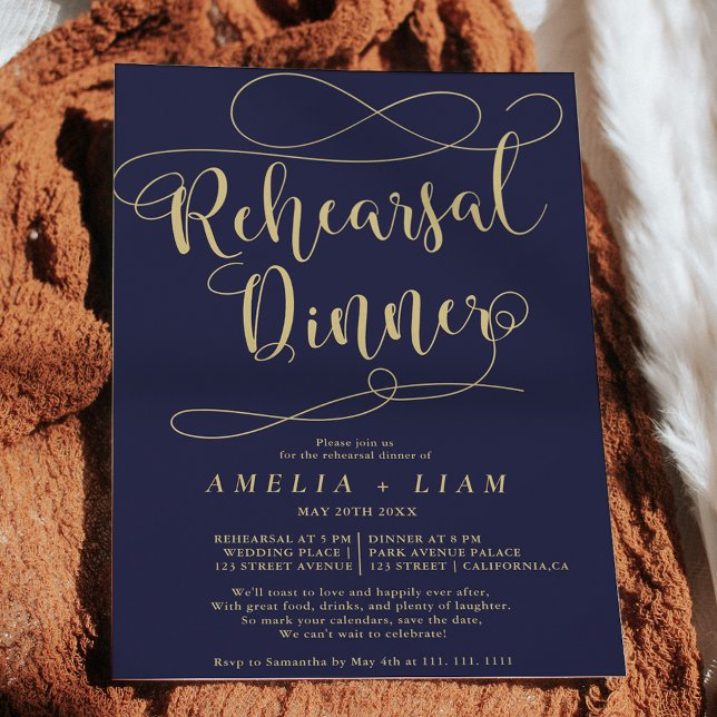 Convite Janto de ensaio de caligrafia em ouro azul-marinho (Criador carregado)