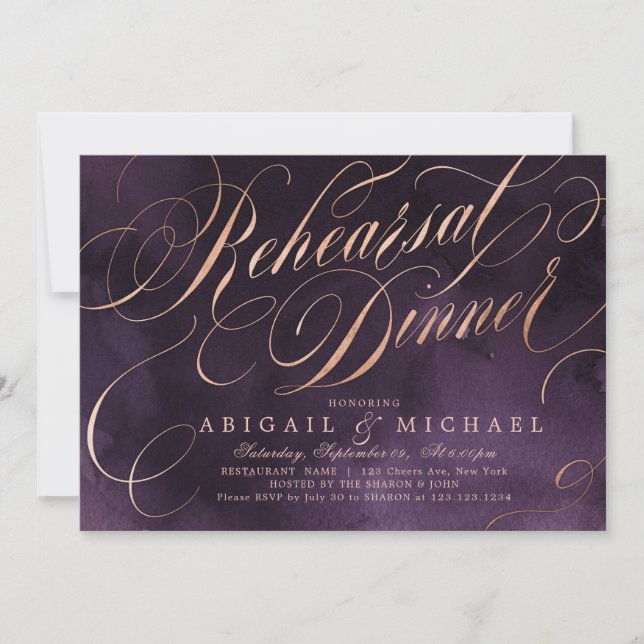 Convite Janto de ensaio de caligrafia em ouro roxo e moody (Frente)