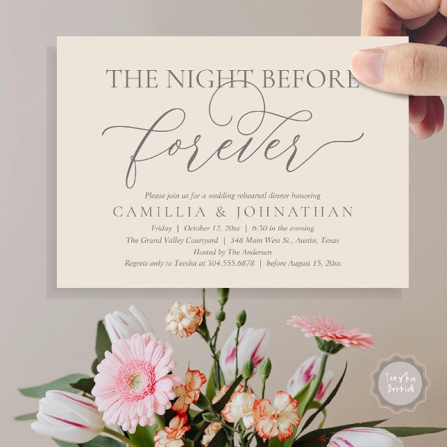 Convite Janto De Ensaio De Casamento, A Noite Antes De Sem (The Night Before Forever Wedding Rehearsal Dinner Romantic Classy Invites Card PDF in Cream Grey)