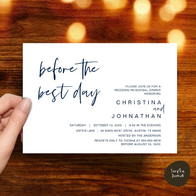 Convite Janto de Ensaio de Casamento, Antes do Melhor Dia (Wedding Rehearsal Dinner, Lunch, Brunch, Before the Best Day Invitation Card, PDF, Navy Blue)
