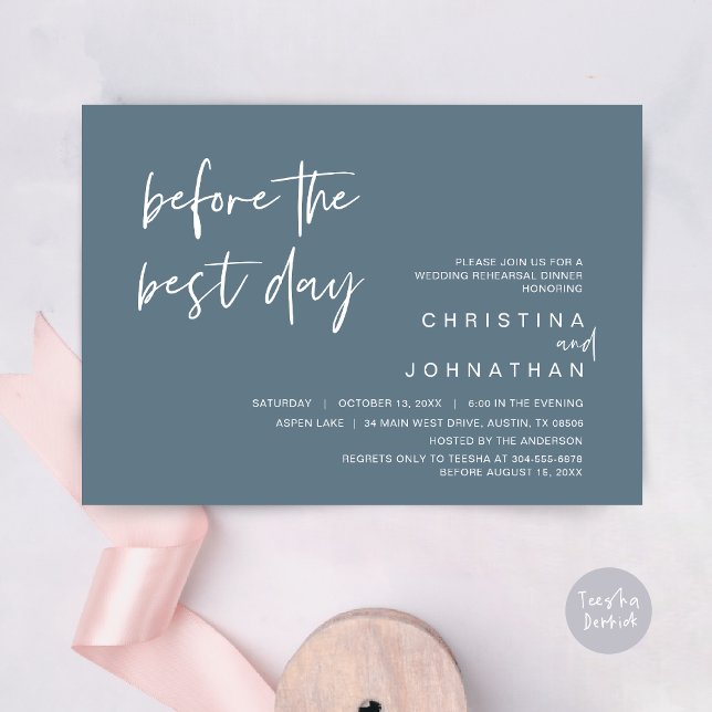Convite Janto de Ensaio de Casamento, Antes do Melhor Dia (Wedding Rehearsal Dinner, Lunch, Brunch, Before the Best Day Invitation Card, PDF, Dark Dusty Blue)