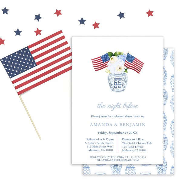 Convite Janto de Ensaio de Casamento Azul Branco Elegante (Elegant All-American Ginger Jar Florals Rehearsal Dinner Invitation)