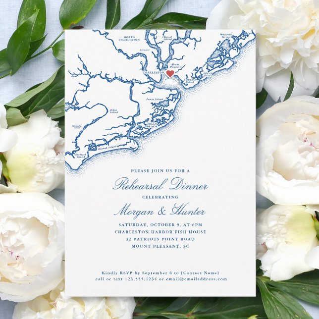 Convite Janto de Ensaio de Casamento Azul do Marinho Pleas (Mount Pleasant SC Map Wedding Rehearsal Dinner Invitation in Elegant Navy Blue - Coastal Map Designs)