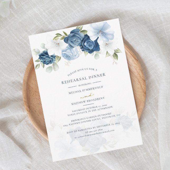 Convite Janto de Ensaio de Casamento Azul Floral Dusty (Dusty Blue Watercolor Floral Wedding Rehearsal Dinner Invitation)