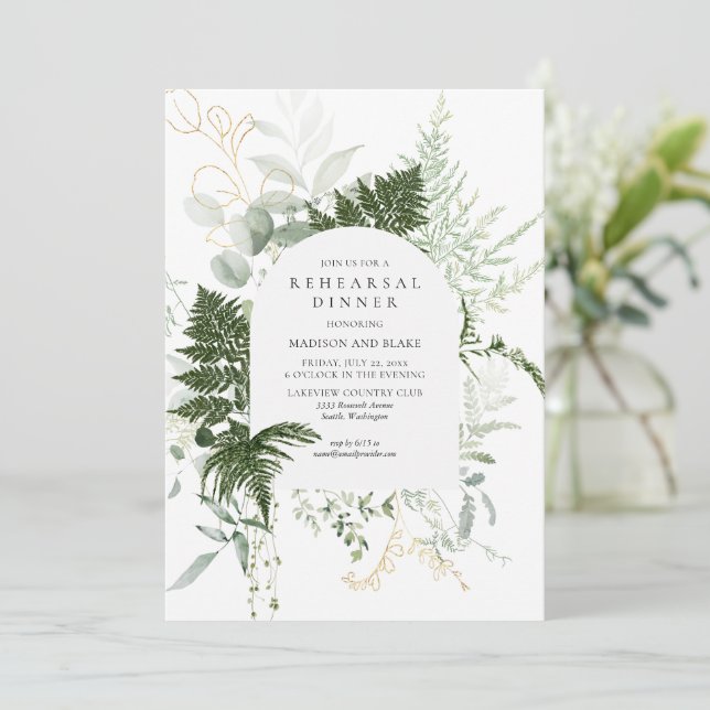 Convite Janto de Ensaio de Casamento Branco Wild Fern Gree (Em pé/Frente)