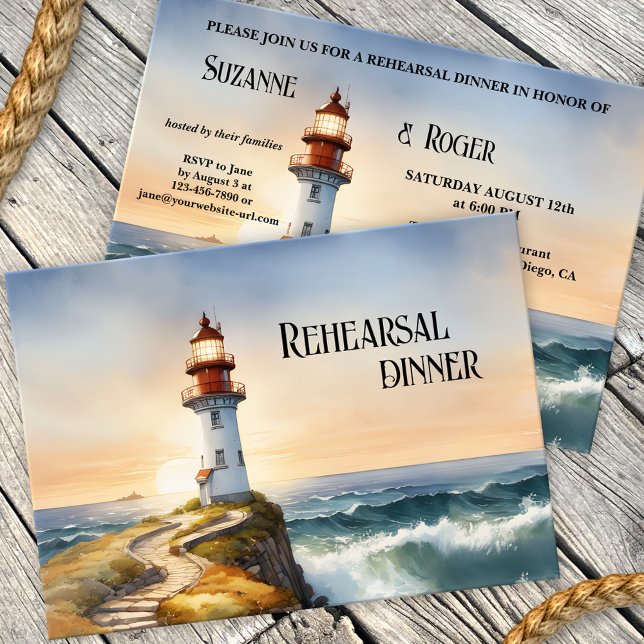 Convite Janto de Ensaio de Casamento com Farol de Aquarela (Nautical Rehearsal Dinner invitation featuring a watercolor painting of a lighthouse at sunset)