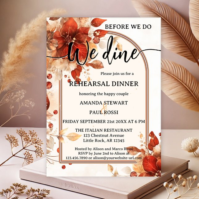 Convite Janto de Ensaio de Casamento com Flor em Aquarela  (Italian red flowers watercolor wedding rehearsal dinner invitation with script text)