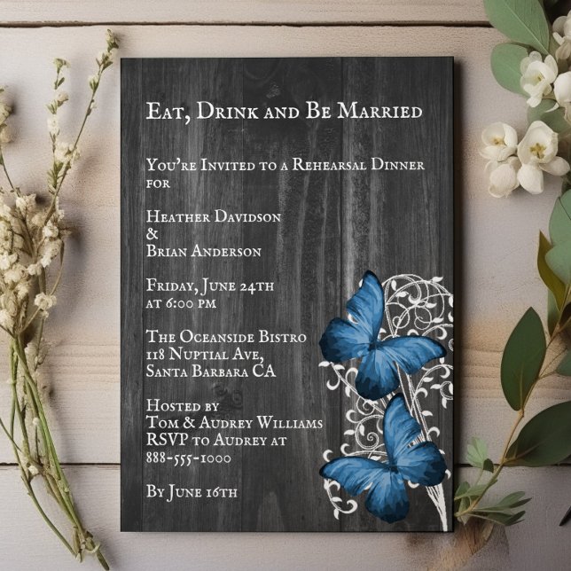 Convite Janto de Ensaio de Casamento de Borboletas Russas  (Blue Rustic Butterfly Wedding Rehearsal Dinner Invitation)