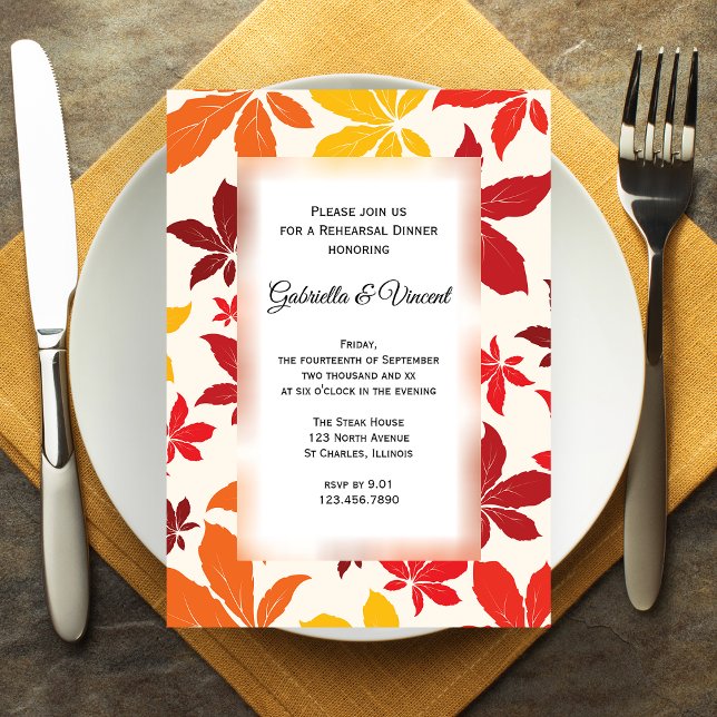 Convite Janto de Ensaio de Casamento de Bright Fall (Set a warm Autumn tone with the Bright Fall Leaves Wedding Rehearsal Dinner Invitation.)