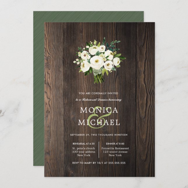 Convite Janto de Ensaio de Casamento de Buquês de Madeira  (Frente/Verso)