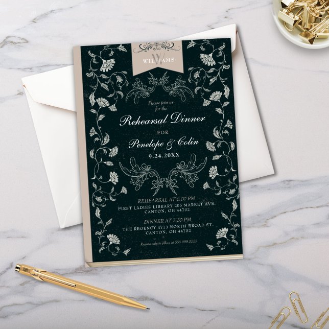 Convite Janto de Ensaio de Casamento de Cobrir do Livro Ne (Vintage Elegant Black and Tan Victorian Wedding Rehearsal Dinner Invitations for Library Chic)