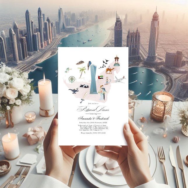Convite Janto de Ensaio de Casamento de Destino de Dubai E (Dubai UAE Destination Wedding Rehearsal Dinner Invitation)