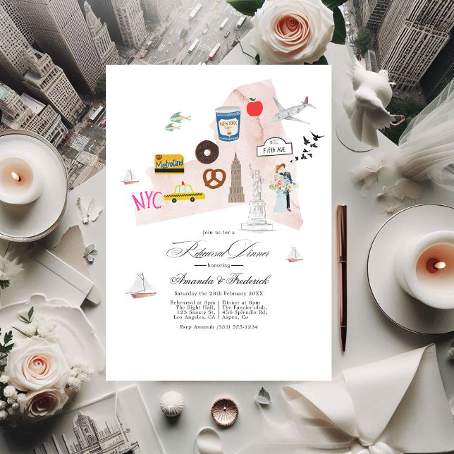 Convite Janto de Ensaio de Casamento de Destino de Nova Io (New York City Destination Wedding Rehearsal Dinner Invitation)